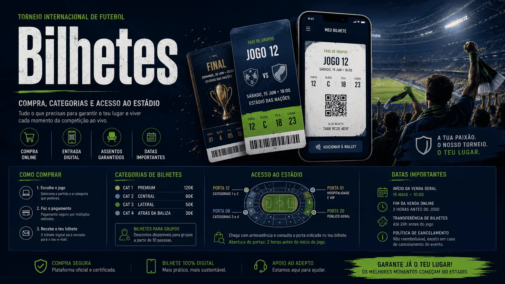 Guia de bilhetes do Campeonato do Mundo 2026 com compra segura, categorias e acesso ao estádio